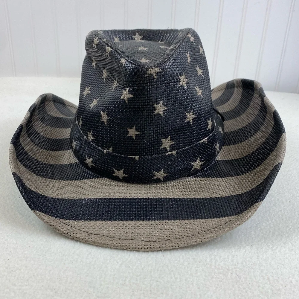 USA Flag Design Cowboy Hat‎ Khaki and Dark Gray Stripes and Stars One Size